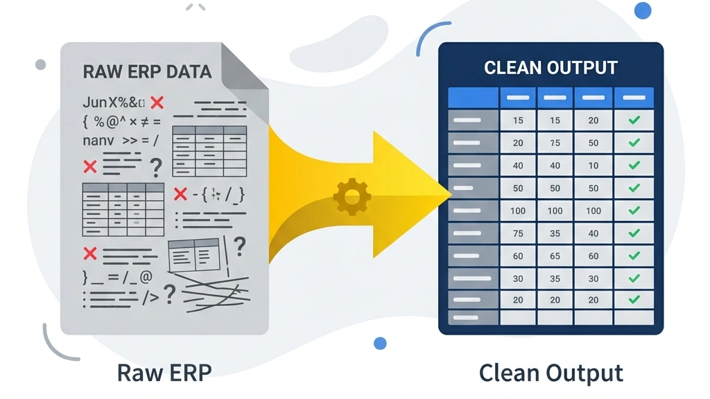 Before and after converting a nested AR aging report using Power Query Excel — raw nested ERP export transformed into flat analysis-ready dataset