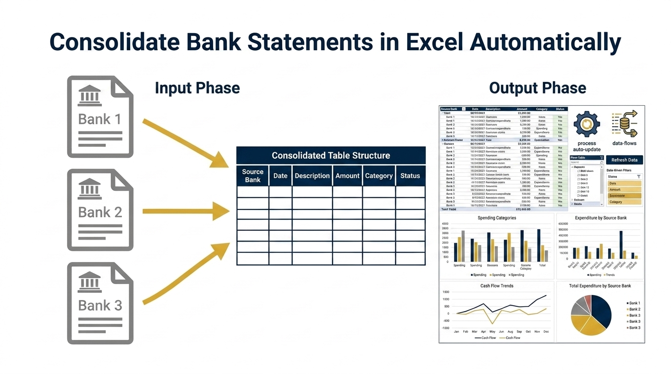 Before and after consolidating multiple bank statements in Excel with Power Query
