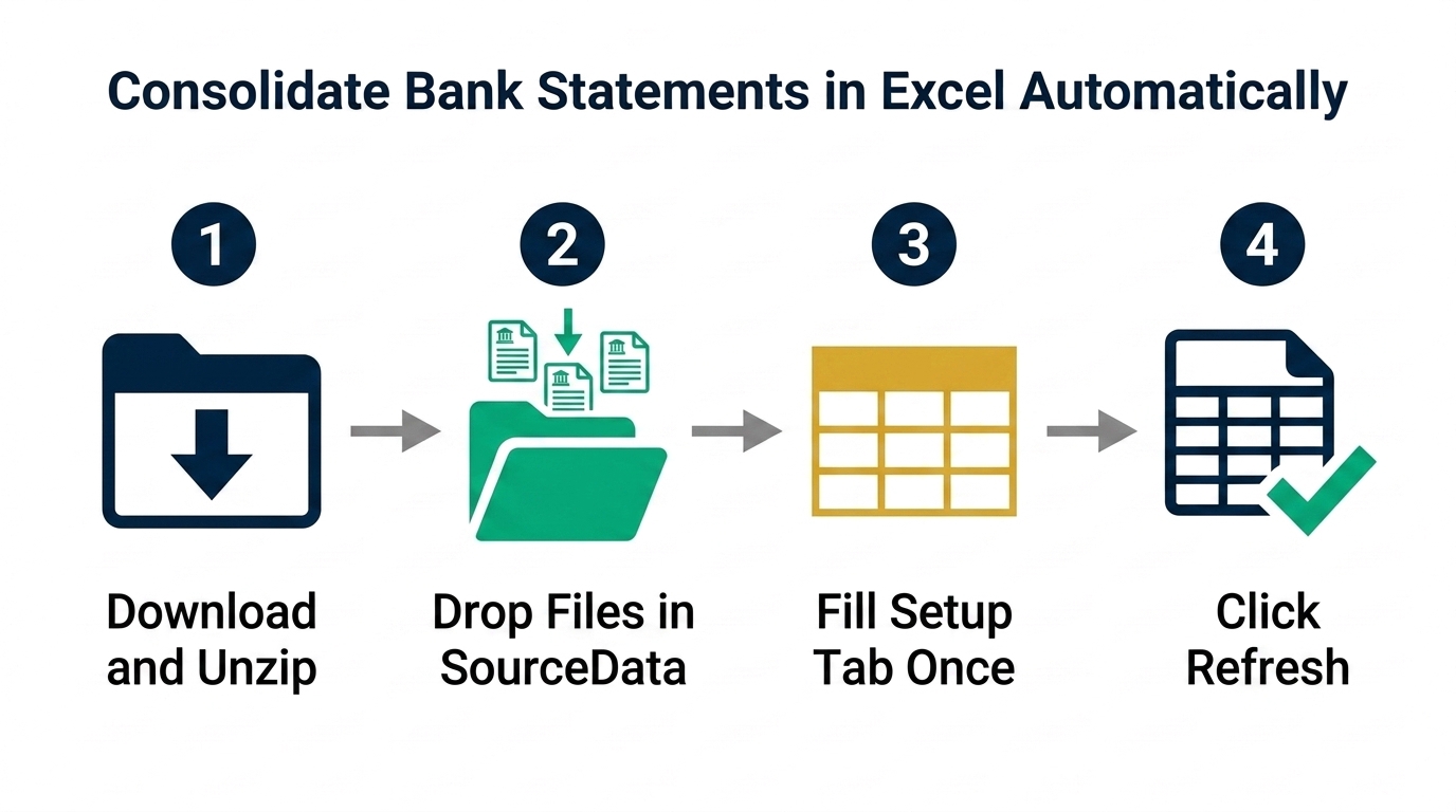 Four steps to set up the bank statement cleaner Power Query template in Excel