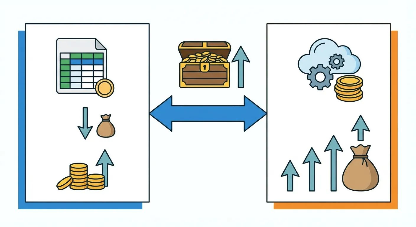 Excel versus SaaS software comparison flat vector infographic showing cost savings and subscription savings