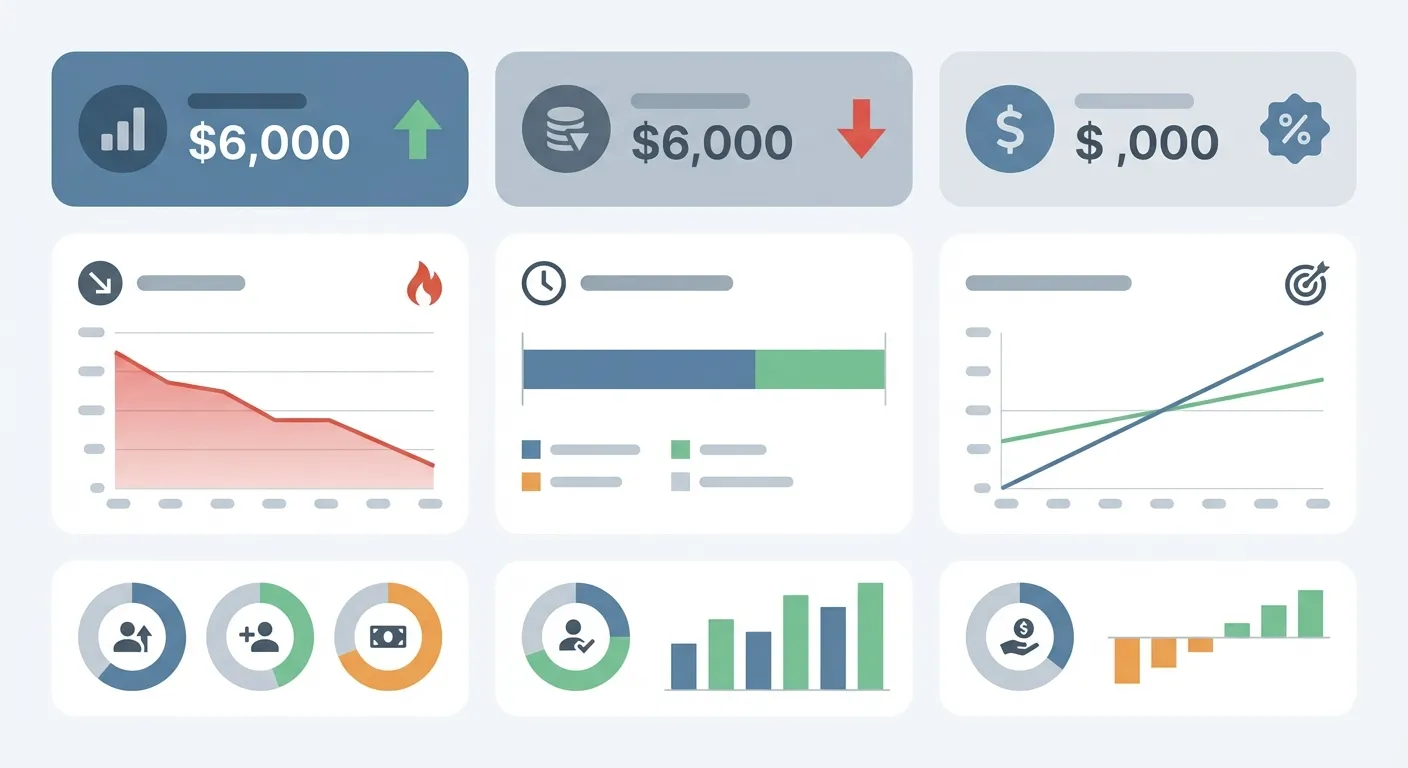Financial KPI dashboard flat vector infographic showing metrics visualization, burn rate graph, and runway calculator
