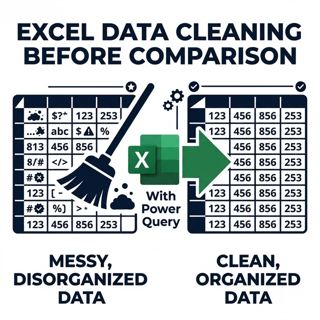 Clean data before comparing in Excel using Power Query-shows messy spreadsheet being cleaned into structured data