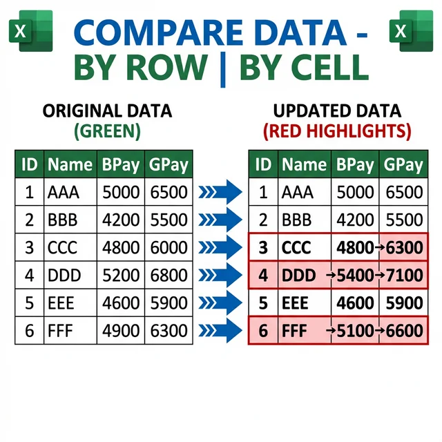 Compare Data template showing row-by-row and cell-by-cell variance detection between two Excel datasets