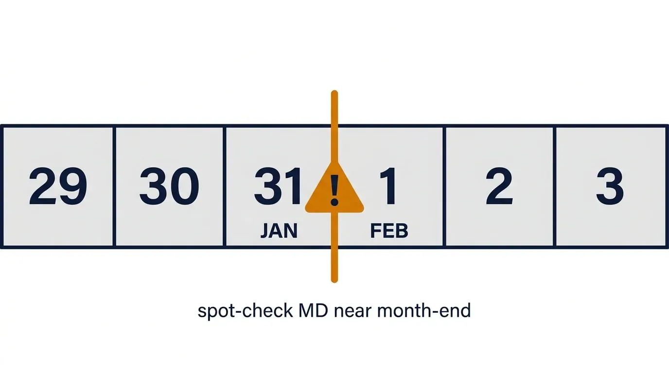 Warning about DATEDIF MD argument edge cases near month-end boundaries