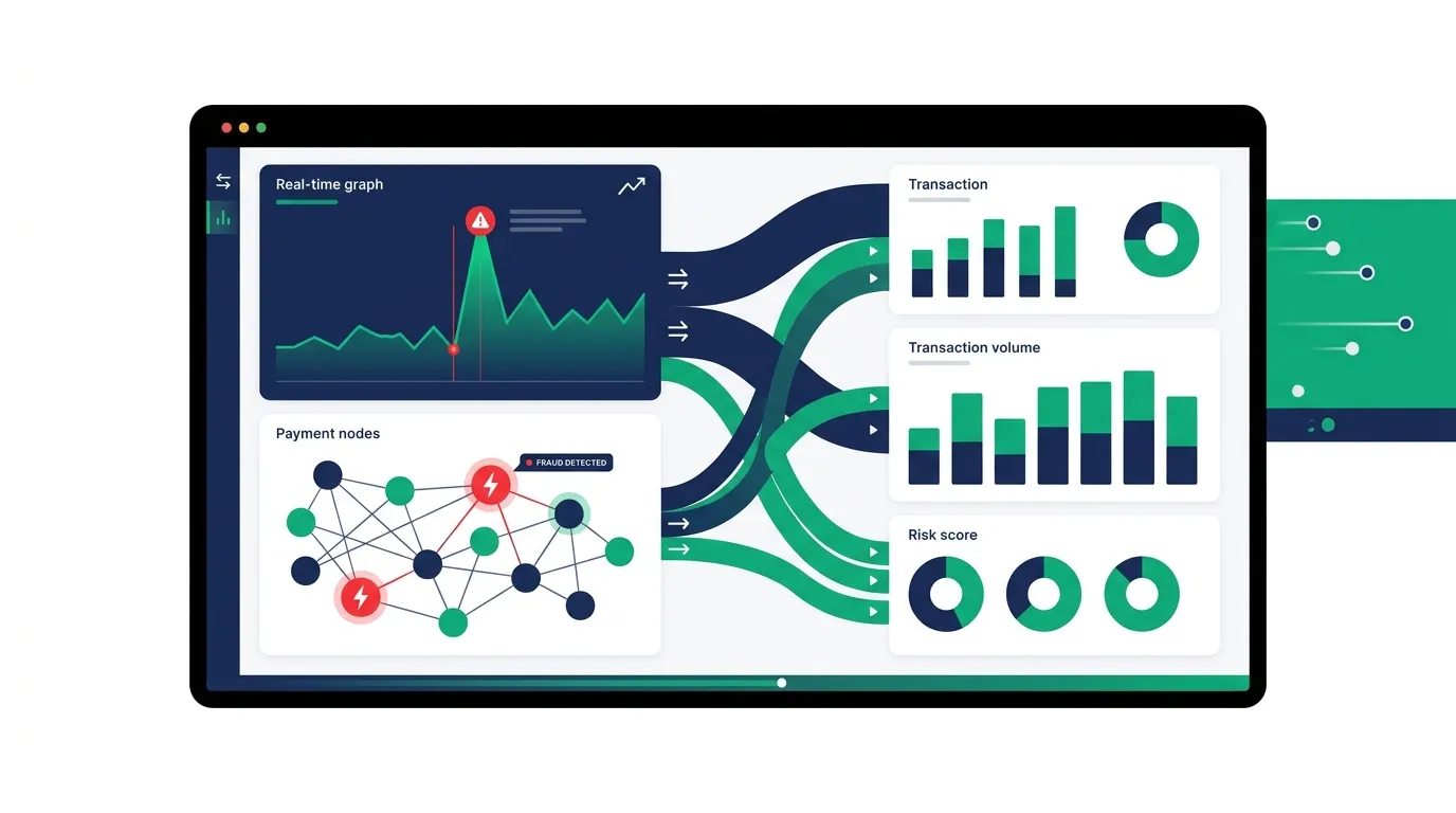 Finance fraud prevention checklist — real-time transaction monitoring dashboard flat vector illustration