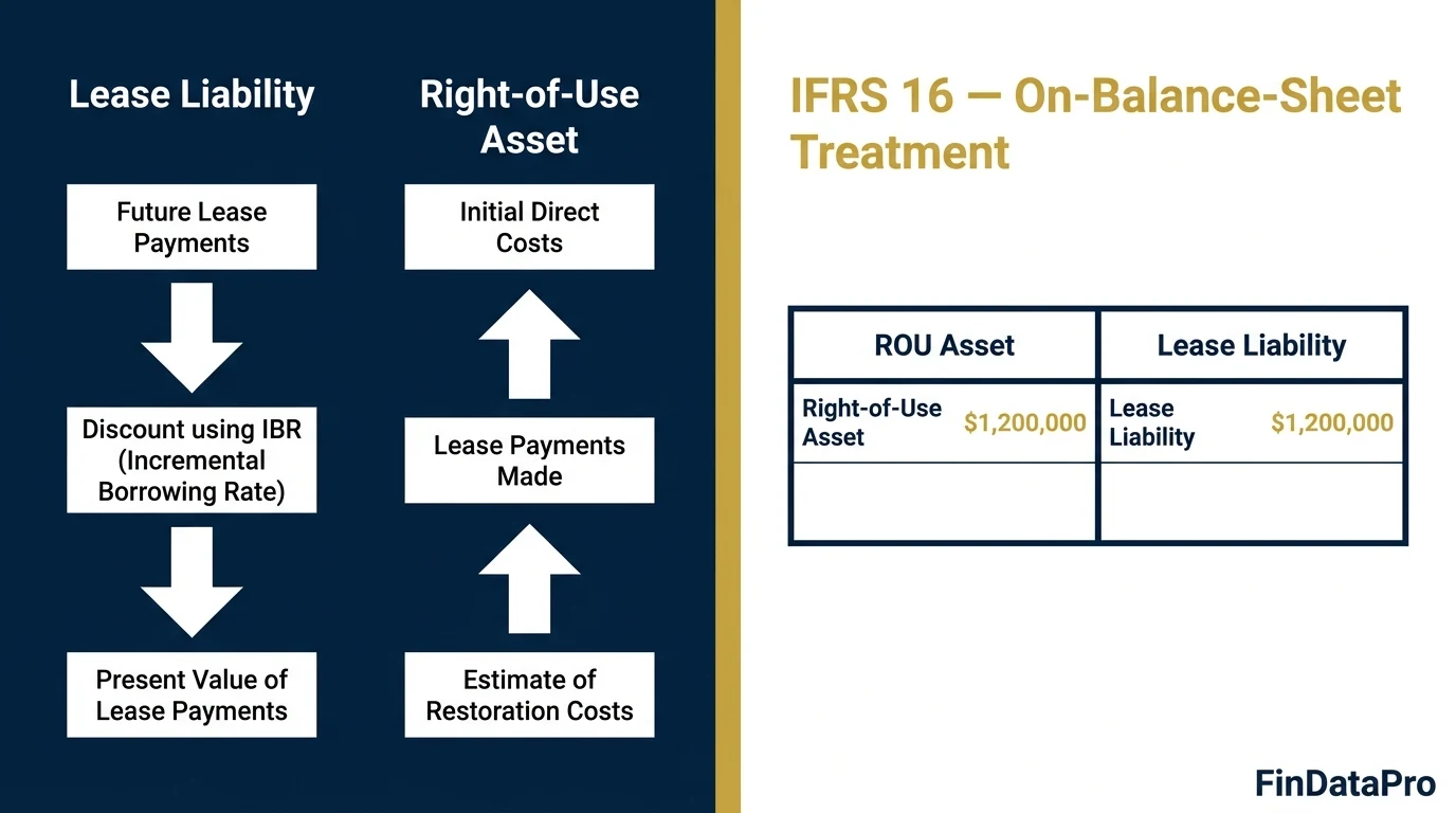IFRS 16 lease accounting showing right-of-use asset and lease liability on balance sheet