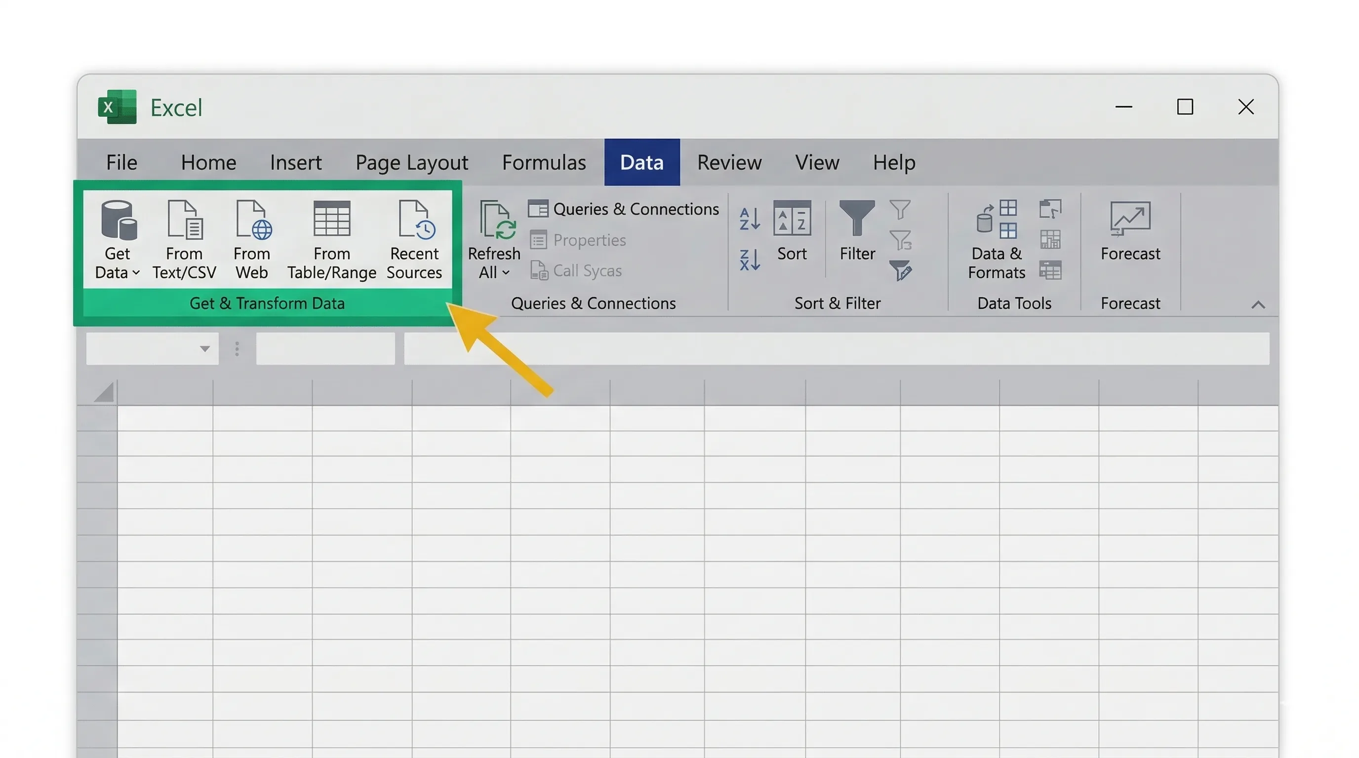 Excel Data tab showing where to find Power Query Get and Transform Data features