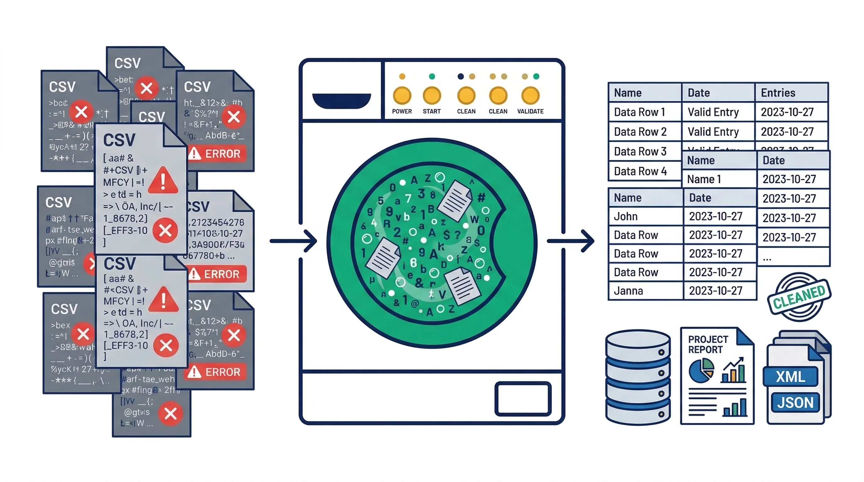 Washing machine analogy illustrating how Power Query automates data cleaning processes