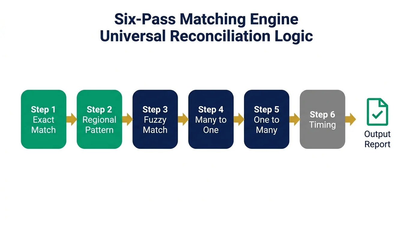 Six-pass automated bank reconciliation matching engine: Exact, Regional Pattern, Fuzzy, Many-to-One, One-to-Many, Timing