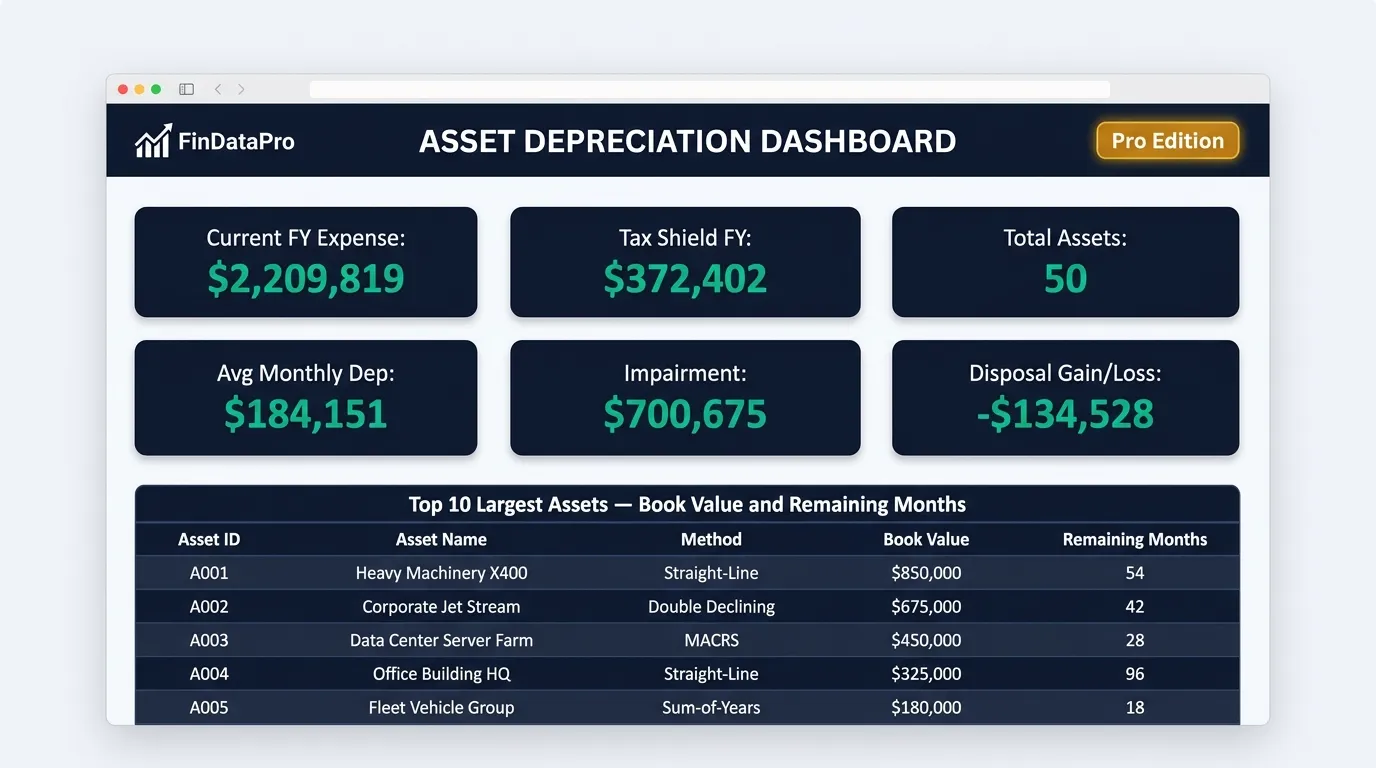 Pro depreciation calculator Excel dashboard showing KPI cards for current FY expense, tax shield, and top 10 assets