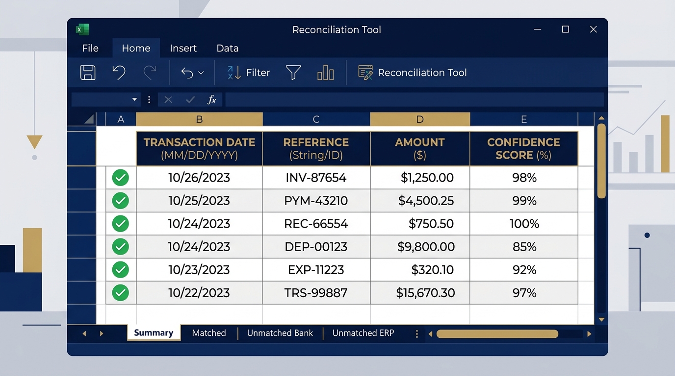 AutoBankRec 4-tab Excel output: Summary, Matched, Unmatched Bank, Unmatched ERP